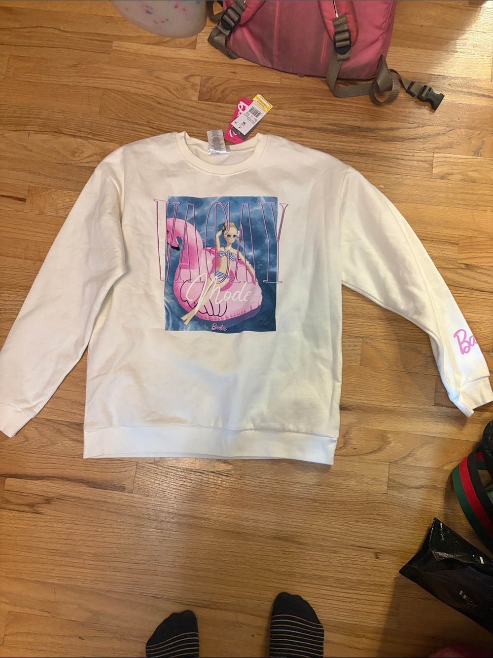 Barbie Cream Crewneck Sweatshirt with Pink & Blue Graphic